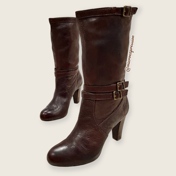 $369 Frye Miranda Slouch Mid Calf Brown Leather Casual Formal Stiletto Booties - Picture 11 of 12